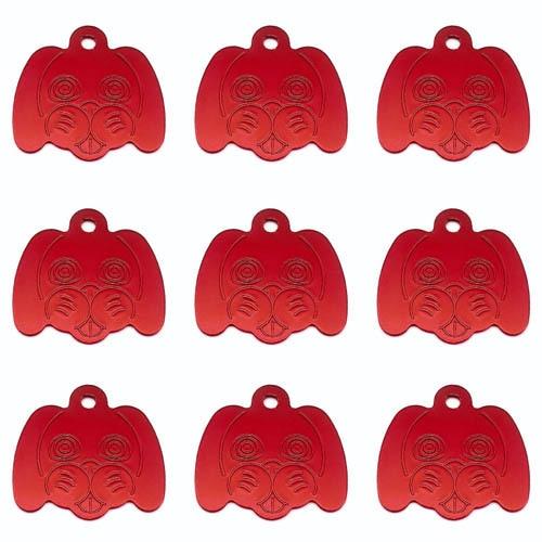 Wholesale pack of 100 personalized dog head pattern pet ID tags in various colors, showcasing their reflective and durable aluminum design.